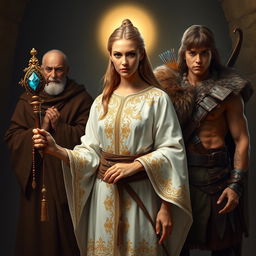 A central figure, the priestess, stands confidently