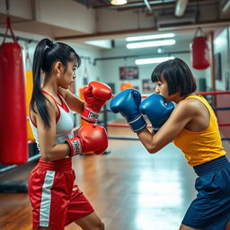 A dynamic scene showcasing Asian female boxers in an intense training session