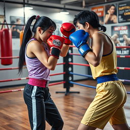 A dynamic scene showcasing Asian female boxers in an intense training session