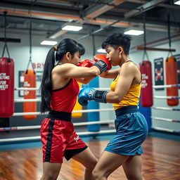 A dynamic scene showcasing Asian female boxers in an intense training session