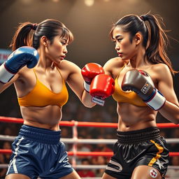 A dynamic scene of Asian female boxers in an intense boxing match