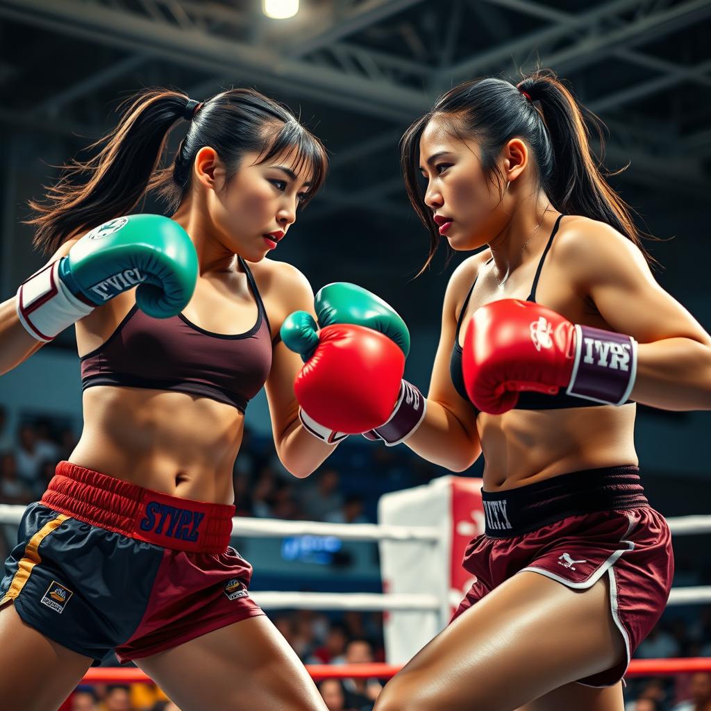 A dynamic scene of Asian female boxers in an intense boxing match