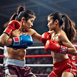 A dynamic scene of Asian female boxers in an intense boxing match