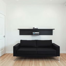 A minimalist bedroom interior featuring a clean, white wall