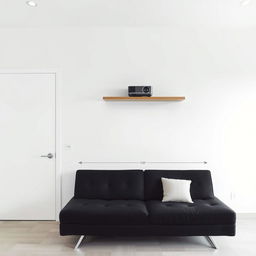 A minimalist bedroom interior featuring a clean, white wall
