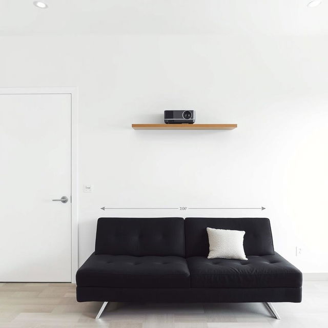 A minimalist bedroom interior featuring a clean, white wall