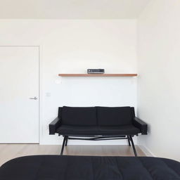 A minimalist bedroom interior featuring a clean, white wall