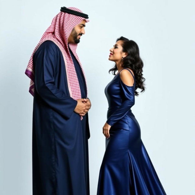 A bride wearing a long, shiny navy blue dress that features a thigh-high slit, with long sleeves that are open at the shoulders