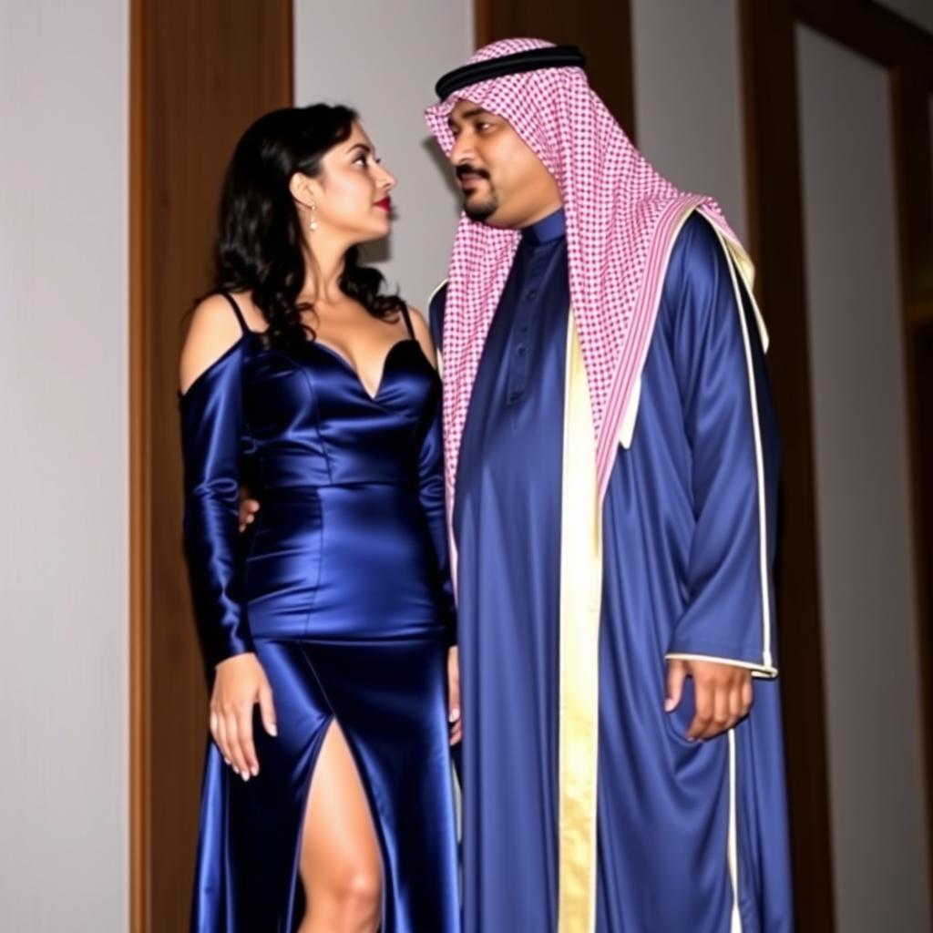 A bride wearing a long, shiny navy blue dress that features a thigh-high slit, with long sleeves that are open at the shoulders