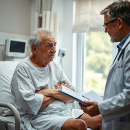 An elderly man with gray hair and a frail but determined expression, sitting on the edge of a hospital bed