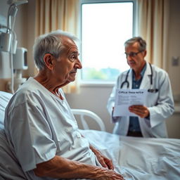 An elderly man with gray hair and a frail but determined expression, sitting on the edge of a hospital bed