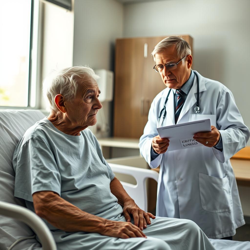 An elderly man with gray hair and a frail but determined expression, sitting on the edge of a hospital bed