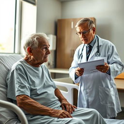 An elderly man with gray hair and a frail but determined expression, sitting on the edge of a hospital bed