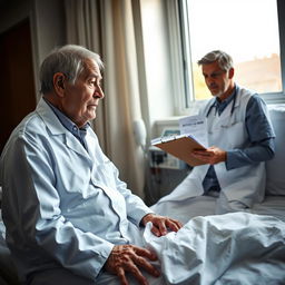 An elderly man with gray hair and a frail but determined expression, sitting on the edge of a hospital bed