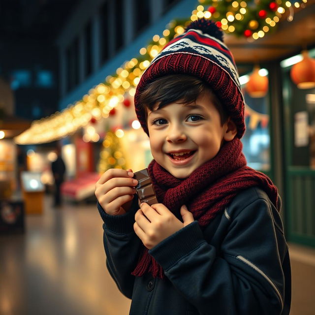 A joyful 5-year-old boy named Nil, of Caucasian ethnicity, is animatedly eating chocolates in a modern school market