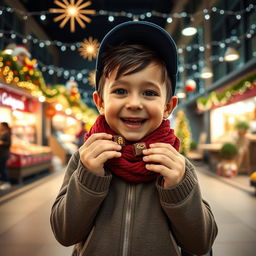 A joyful 5-year-old boy named Nil, of Caucasian ethnicity, is animatedly eating chocolates in a modern school market