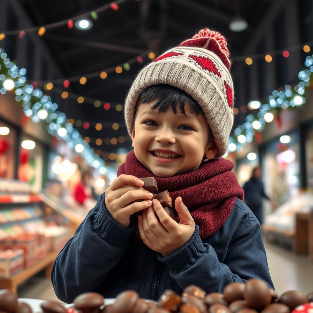 A joyful 5-year-old boy named Nil, of Caucasian ethnicity, is animatedly eating chocolates in a modern school market