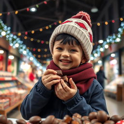 A joyful 5-year-old boy named Nil, of Caucasian ethnicity, is animatedly eating chocolates in a modern school market