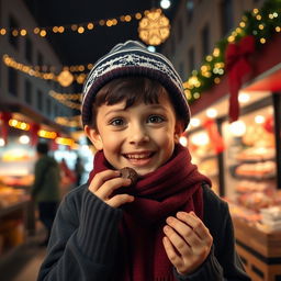 A joyful 5-year-old boy named Nil, of Caucasian ethnicity, is animatedly eating chocolates in a modern school market