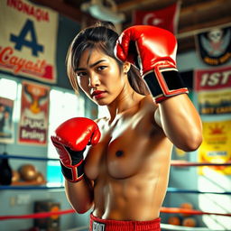 A powerful Indonesian woman boxer in the midst of an intense training session, showcasing her strength and determination