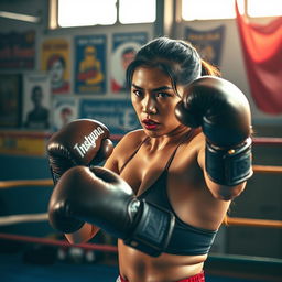 A powerful Indonesian woman boxer in the midst of an intense training session, showcasing her strength and determination