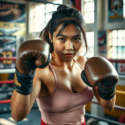 A powerful Indonesian woman boxer in the midst of an intense training session, showcasing her strength and determination
