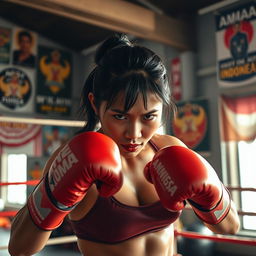 A powerful Indonesian woman boxer in the midst of an intense training session, showcasing her strength and determination