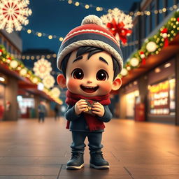 An animated 3D scene featuring a joyful 5-year-old boy named Nil, who is happily eating chocolates in the school market