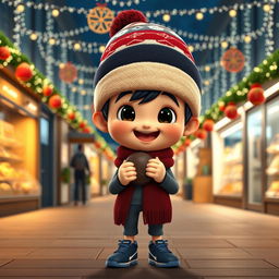An animated 3D scene featuring a joyful 5-year-old boy named Nil, who is happily eating chocolates in the school market