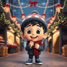 An animated 3D scene featuring a joyful 5-year-old boy named Nil, who is happily eating chocolates in the school market