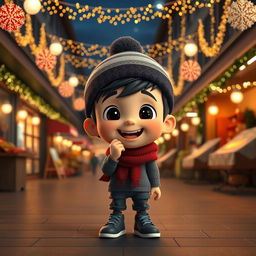 An animated 3D scene featuring a joyful 5-year-old boy named Nil, who is happily eating chocolates in the school market
