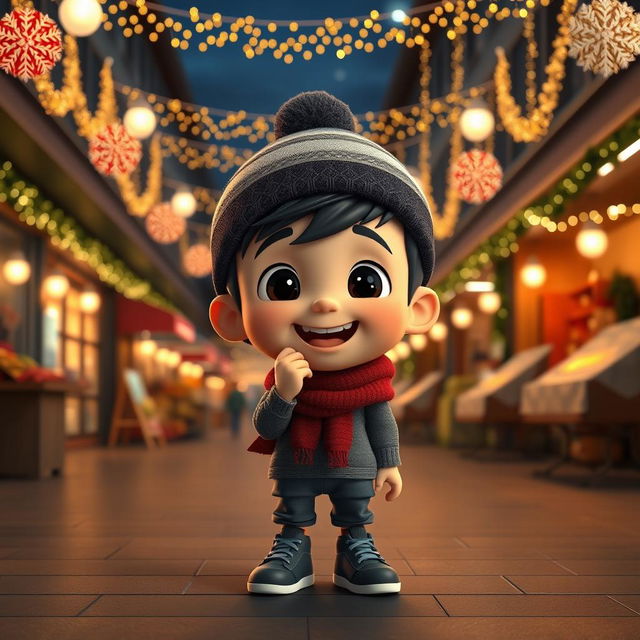 An animated 3D scene featuring a joyful 5-year-old boy named Nil, who is happily eating chocolates in the school market