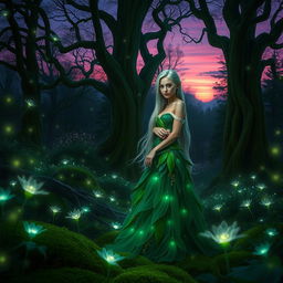 A mystical forest at twilight, filled with glowing fireflies and bioluminescent flowers, creating a magical atmosphere