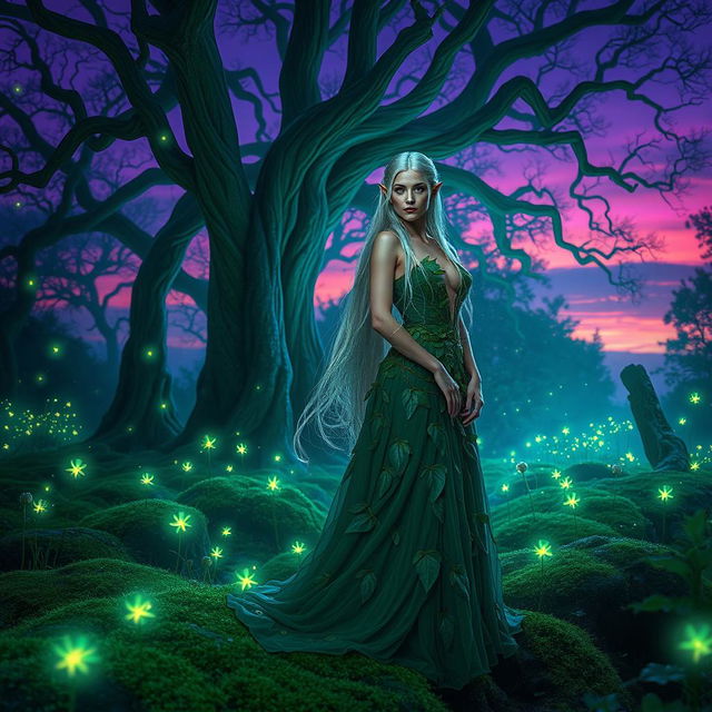 A mystical forest at twilight, filled with glowing fireflies and bioluminescent flowers, creating a magical atmosphere