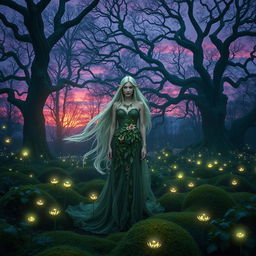 A mystical forest at twilight, filled with glowing fireflies and bioluminescent flowers, creating a magical atmosphere