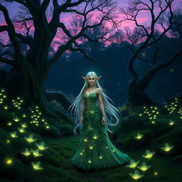A mystical forest at twilight, filled with glowing fireflies and bioluminescent flowers, creating a magical atmosphere