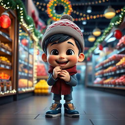 An animated 3D scene featuring a joyful 5-year-old boy named Nil, who is happily eating chocolates in a grocery store