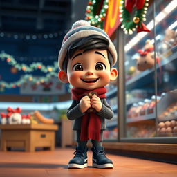 An animated 3D scene featuring a joyful 5-year-old boy named Nil, who is happily eating chocolates in a grocery store