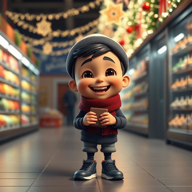 An animated 3D scene featuring a joyful 5-year-old boy named Nil, who is happily eating chocolates in a grocery store