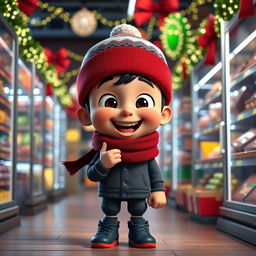 An animated 3D scene featuring a joyful 5-year-old boy named Nil, who is happily eating chocolates in a grocery store