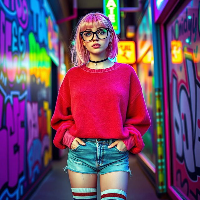 A stylish femboy with pastel pink hair, wearing oversized glasses and a cute, colorful oversized sweater, paired with denim shorts and knee-high striped socks