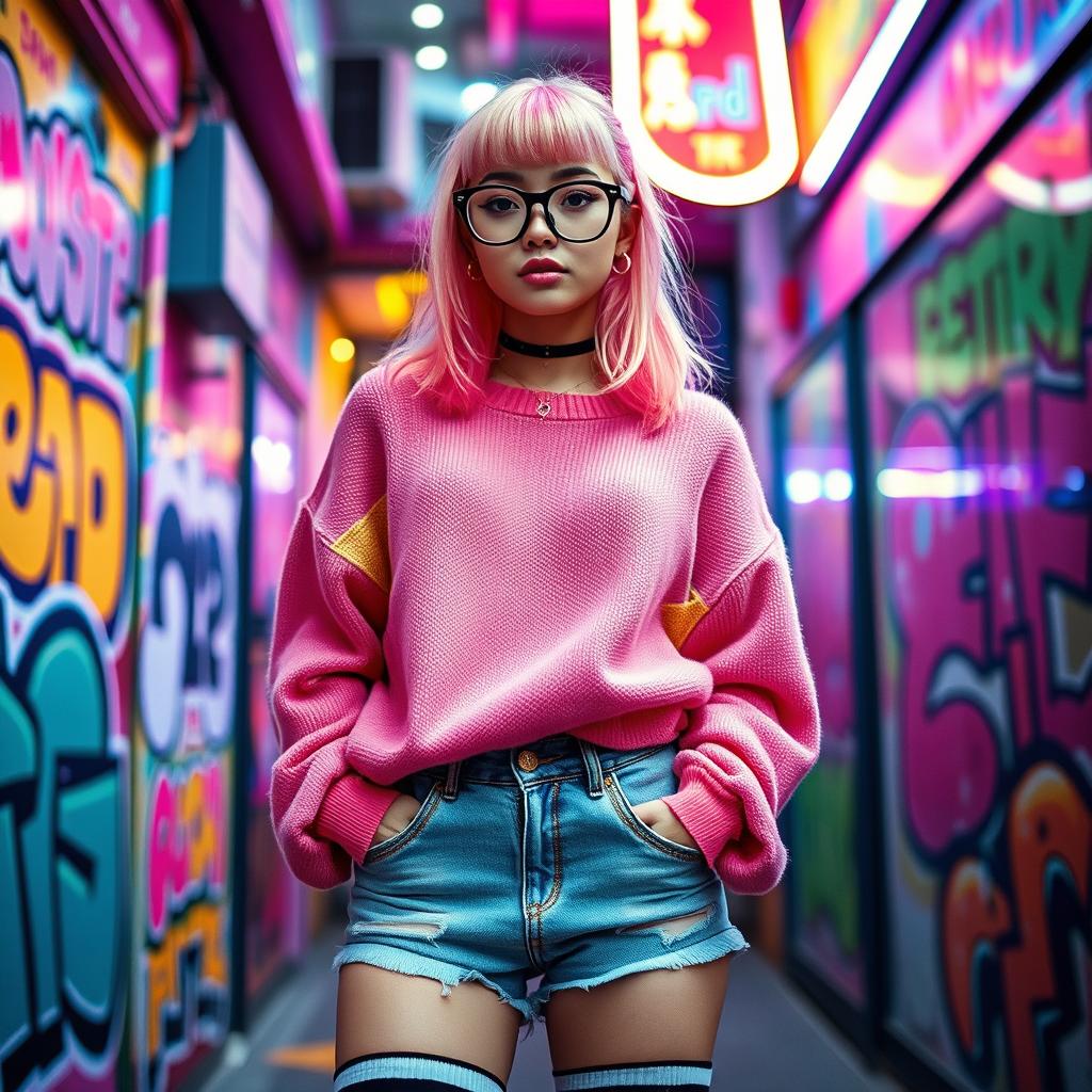 A stylish femboy with pastel pink hair, wearing oversized glasses and a cute, colorful oversized sweater, paired with denim shorts and knee-high striped socks