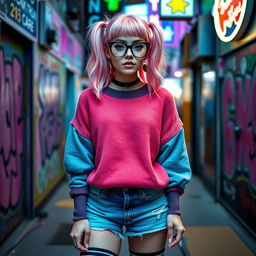 A stylish femboy with pastel pink hair, wearing oversized glasses and a cute, colorful oversized sweater, paired with denim shorts and knee-high striped socks