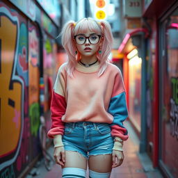 A stylish femboy with pastel pink hair, wearing oversized glasses and a cute, colorful oversized sweater, paired with denim shorts and knee-high striped socks