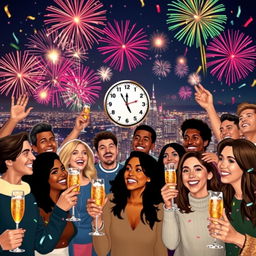 A vibrant New Year's Eve celebration scene featuring people of various ethnicities joyfully counting down to midnight