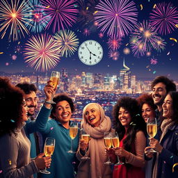 A vibrant New Year's Eve celebration scene featuring people of various ethnicities joyfully counting down to midnight