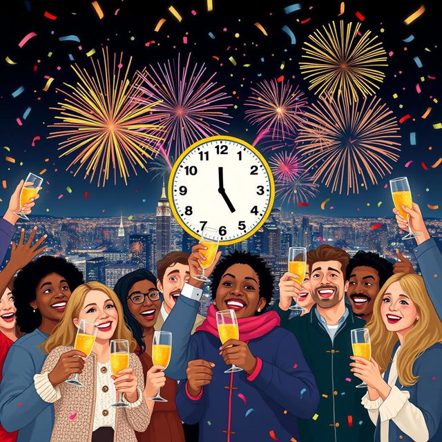 A vibrant New Year's Eve celebration scene featuring people of various ethnicities joyfully counting down to midnight