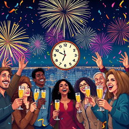 A vibrant New Year's Eve celebration scene featuring people of various ethnicities joyfully counting down to midnight