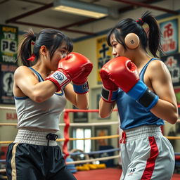 A dynamic scene of Japanese women boxing in a vibrant gym setting