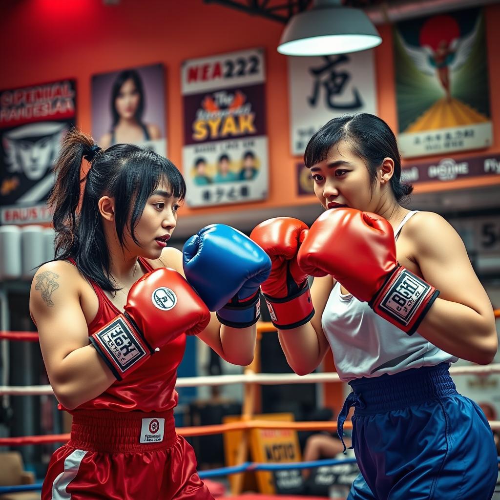 A dynamic scene of Japanese women boxing in a vibrant gym setting